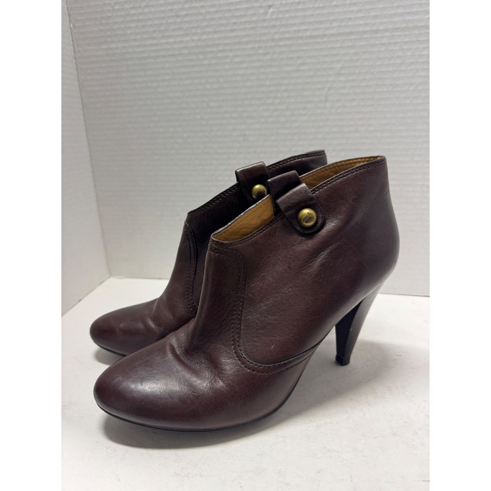 Coach Aliza Dark Brown Leather Ankle Boots Button Detail Stiletto Heels 8 B